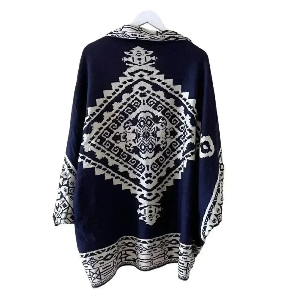 Reversible Shawl Women's Ruana Wrap  Bohemian Navy and Cream  One Size # 1496